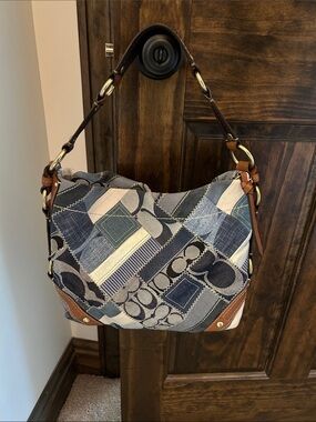 Coach Patchwork Denim Shoulder Hobo in Blue and Brown